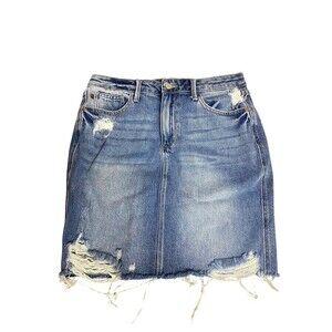 Judy Blue High Waisted Denim Jean Skirt Sz L Raw Hem Distressed Medium Wash